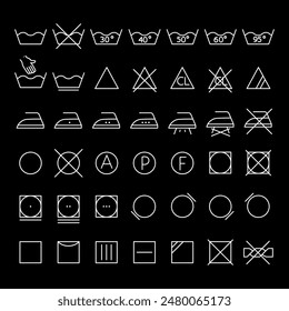 Garment care, white line icons. Symbols on clothing labels for washing, wringing, drying, and ironing. Essential for laundry and fashion themes. Symbols on black background. Editable stroke.