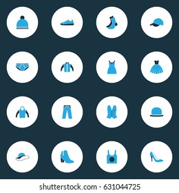 Garment Colorful Icons Set. Collection Of Cap, Elegant Headgear, Sneakers And Other Elements. Also Includes Symbols Such As Cap, Waistcoat, Ski.