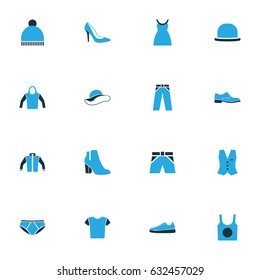 Garment Colorful Icons Set. Collection Of Sweatshirt, Vest, Dress And Other Elements. Also Includes Symbols Such As Breeches, Tunic, Beanie.