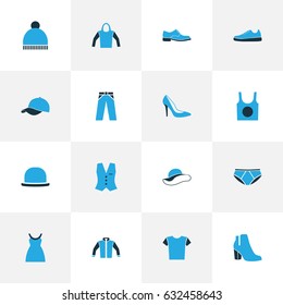 Garment Colorful Icons Set. Collection Of Dress, Female Boots, Heels And Other Elements. Also Includes Symbols Such As Beanie, Dress, Breeches.