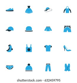 Garment Colorful Icons Set. Collection Of Evening Gown, T-Shirt, Sweatshirt And Other Elements. Also Includes Symbols Such As Outfit, Socks, Tunic.