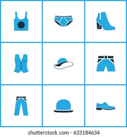 Garment Colorful Icons Set. Collection Of Elegant Headgear, Vest, Panties And Other Elements. Also Includes Symbols Such As Shirt, Shorts, Trousers.