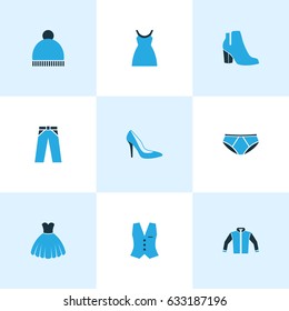 Garment Colorful Icons Set. Collection Of Heels, Beanie, Vest And Other Elements. Also Includes Symbols Such As Dress, Heels, Boots.