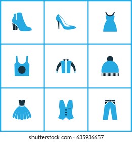 Garment Colorful Icons Set. Collection Of Dress, Female Boots, Trousers And Other Elements. Also Includes Symbols Such As Jacket, Woman, Feminine.