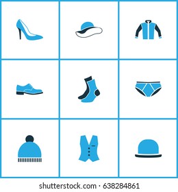 Garment Colorful Icons Set. Collection Of Beanie, Panama, Man Footwear And Other Elements. Also Includes Symbols Such As Pants, Footwear, Hat.