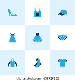 Garment Colorful Icons Set. Collection Of T-Shirt, Socks, Evening Gown And Other Elements. Also Includes Symbols Such As Half-Hose, Cap, Feminine.