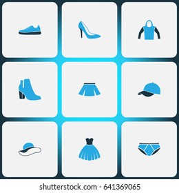 Garment Colorful Icons Set. Collection Of Sneakers, Female Boots, Sweatshirt And Other Elements. Also Includes Symbols Such As Mini, Shoe, Hoodie.