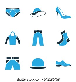 Garment Colorful Icons Set. Collection Of Panama, Man Footwear, Shorts And Other Elements. Also Includes Symbols Such As Boots, Footwear, Shorts.