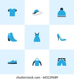 Garment Colorful Icons Set. Collection Of Dress, Beanie, Heels And Other Elements. Also Includes Symbols Such As Panama, Boots, Sweatshirt.