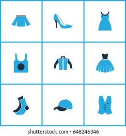 Garment Colorful Icons Set. Collection Of Socks, Evening Gown, Dress And Other Elements. Also Includes Symbols Such As Half-Hose, Sox, Mini.