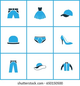 Garment Colorful Icons Set. Collection Of Jacket, Elegant Headgear, Cap And Other Elements. Also Includes Symbols Such As Fedora, Boots, Pants.