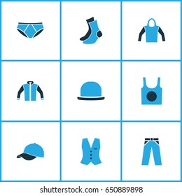 Garment Colorful Icons Set. Collection Of Socks, Panama, Sweatshirt And Other Elements. Also Includes Symbols Such As Singlet, Waistcoat, Jacket.