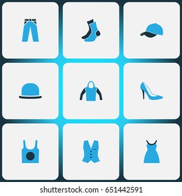 Garment Colorful Icons Set. Collection Of Panama, Trousers, Cap And Other Elements. Also Includes Symbols Such As Vest, Trousers, Hat.