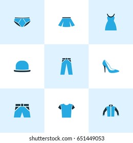 Garment Colorful Icons Set. Collection Of T-Shirt, Panties, Skirt And Other Elements. Also Includes Symbols Such As Underpants, Shorts, Girl.