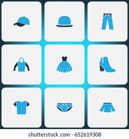 Garment Colorful Icons Set. Collection Of Sweatshirt, Female Boots, Evening Gown And Other Elements. Also Includes Symbols Such As Heels, Underpants, Woman.
