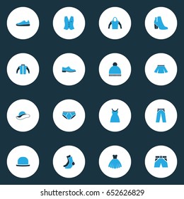 Garment Colorful Icons Set. Collection Of Skirt, Socks, Jacket And Other Elements. Also Includes Symbols Such As Hoodie, Boots, Sweatshirt.