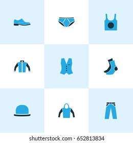 Garment Colorful Icons Set. Collection Of Sweatshirt, Trousers, Man Footwear And Other Elements. Also Includes Symbols Such As Boots, Half-Hose, Vest.