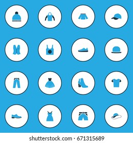 Garment Colorful Icons Set. Collection Of Sweatshirt, Female Boots, Dress And Other Elements. Also Includes Symbols Such As Panties, Woman, Beanie.
