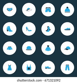 Garment Colorful Icons Set. Collection Of Evening Gown, Cap, Female Boots And Other Elements. Also Includes Symbols Such As Pants, Shoes, Breeches.