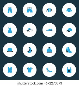 Garment Colorful Icons Set. Collection Of Dress, Elegant Headgear, Shorts And Other Elements. Also Includes Symbols Such As Shirt, Heels, Boots.