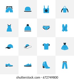 Garment Colorful Icons Set. Collection Of Sweatshirt, Sneakers, Panama And Other Elements. Also Includes Symbols Such As Waistcoat, Shorts, Pants.