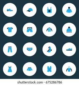 Garment Colorful Icons Set. Collection Of Trousers, Shorts, Man Footwear And Other Elements. Also Includes Symbols Such As Ski, Gown, Socks.