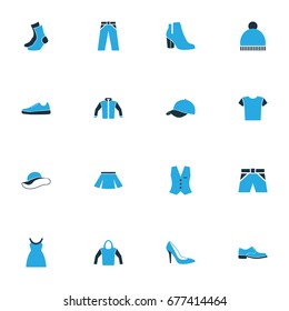 Garment Colorful Icons Set. Collection Of Skirt, Female Boots, Socks And Other Elements. Also Includes Symbols Such As Beanie, Hoodie, Mini.