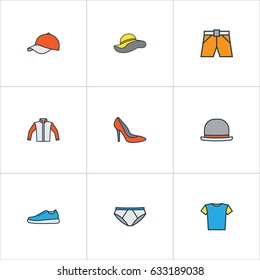 Garment Colorful Outline Icons Set. Collection Of Cap, Sneakers, Panama And Other Elements. Also Includes Symbols Such As Headgear, Tunic, Shoes.