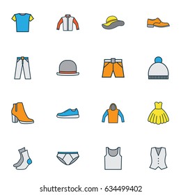 Garment Colorful Outline Icons Set. Collection Of Underwear, Elegant Headgear, Man Footwear And Other Elements. Also Includes Symbols Such As Shirt, Windbreaker, Underwear.