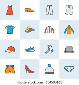 Garment Colorful Outline Icons Set. Collection Of Panama, Heels, Cap And Other Elements. Also Includes Symbols Such As Vest, Gumshoes, Shoe.
