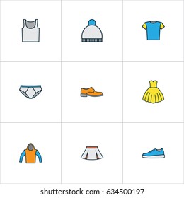 Garment Colorful Outline Icons Set. Collection Of Evening Gown, T-Shirt, Skirt And Other Elements. Also Includes Symbols Such As Boots, Man, Singlet.