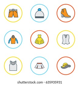 Garment Colorful Outline Icons Set. Collection Of Beanie, Shorts, Skirt And Other Elements. Also Includes Symbols Such As Beanie, Panama, Woman.