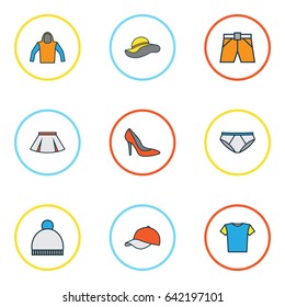 Garment Colorful Outline Icons Set. Collection Of Elegant Headgear, Beanie, Heels And Other Elements. Also Includes Symbols Such As Shoe, Panties, Woman.