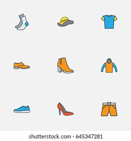 Garment Colorful Outline Icons Set. Collection Of Sneakers, Elegant Headgear, Heels And Other Elements. Also Includes Symbols Such As Shirt, Gumshoes, Headgear.