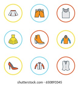 Garment Colorful Outline Icons Set. Collection Of Vest, Shorts, Heels And Other Elements. Also Includes Symbols Such As Vest, Waistcoat, Jacket.