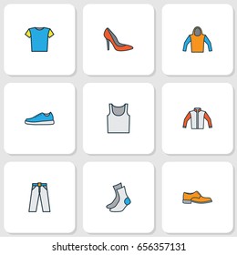 Garment Colorful Outline Icons Set. Collection Of Sneakers, Sweatshirt, Socks And Other Elements. Also Includes Symbols Such As Singlet, Half-Hose, Shoe.