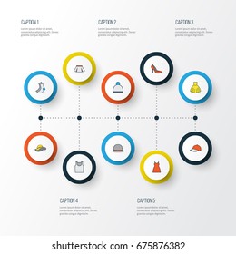 Garment Colorful Outline Icons Set. Collection Of Heels, Panama, Elegant Headgear And Other Elements. Also Includes Symbols Such As Socks, Cap, Sox.