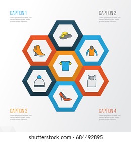 Garment Colorful Outline Icons Set. Collection Of T-Shirt, Underwear, Beanie And Other Elements. Also Includes Symbols Such As Heels, Tunic, Pompom.