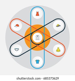 Garment Colorful Outline Icons Set. Collection Of Elegant Headgear, T-Shirt, Cap And Other Elements. Also Includes Symbols Such As Wear, Woman, Gown.