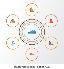 Garment Colorful Outline Icons Set. Collection Of Heels, Dress, Sneakers And Other Elements. Also Includes Symbols Such As Shoes, Sneakers, Feminine.