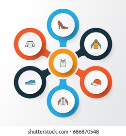 Garment Colorful Outline Icons Set. Collection Of Underwear, Skirt, Sneakers And Other Elements. Also Includes Symbols Such As Girl, Heels, Shoes.