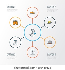 Garment Colorful Outline Icons Set. Collection Of Vest, Panama, Elegant Headgear And Other Elements. Also Includes Symbols Such As Briefs, Boots, Trousers.