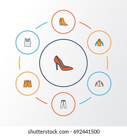 Garment Colorful Outline Icons Set. Collection Of Heels, Sweatshirt, Underwear And Other Elements. Also Includes Symbols Such As Hoodie, Shorts, Trousers.