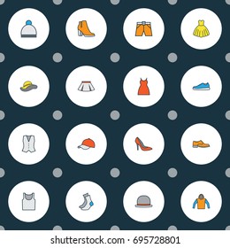 Garment Colorful Outline Icons Set. Collection Of Dress, Beanie, Skirt And Other Elements. Also Includes Symbols Such As Headgear, Sneakers, Waistcoat.
