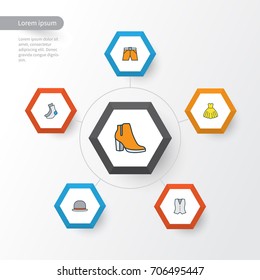 Garment Colorful Outline Icons Set. Collection Of Female Boots, Vest, Panama And Other Elements. Also Includes Symbols Such As Outfit, Woman, Feminine.