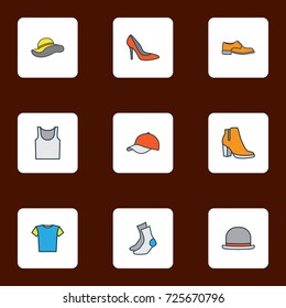 Garment Colorful Outline Icons Set. Collection Of Underwear, Panama, Heels And Other Elements. Also Includes Symbols Such As Half-Hose, Fedora, Shoe.