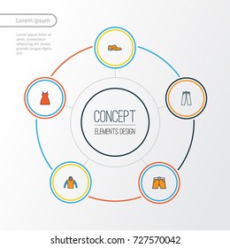 Garment Colorful Outline Icons Set. Collection Of Man Footwear, Shorts, Dress And Other Elements. Also Includes Symbols Such As Man, Pants, Gown.