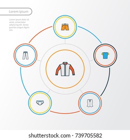 Garment Colorful Outline Icons Set. Collection Of Vest, Shorts, Trousers And Other Elements. Also Includes Symbols Such As Tunic, Windbreaker, Vest.