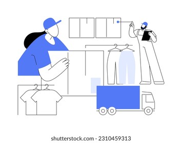 Garment delivery abstract concept vector illustration. Workers loading boxes of clothes into truck, process of apparel delivery, garment finishing, vehicle shipping abstract metaphor.