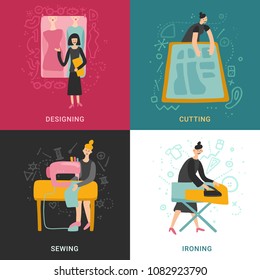 Garment factory 2x2 design concept set of designing cutting sewing ironing flat square icons vector illustration 